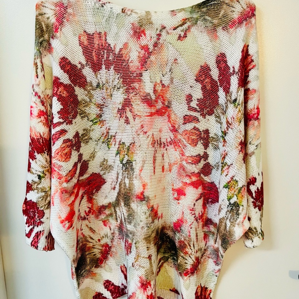 Floral Knit Poncho in Red and Cream